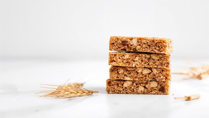 Stack of rectangular snack bars on a white surface, nutritious choice for breakfast, dietary health angle