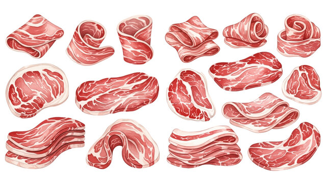 An illustrated collection of various raw meat slices, including bacon, ham, and prosciutto, arranged in different cuts and folds.