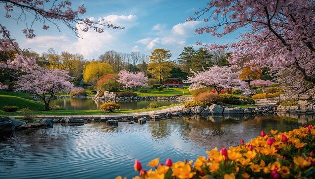 Fototapeta Spring blossoms in an Asian garden, showcasing seasonal change