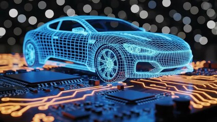Futuristic wireframe car model floats above a glowing circuit board with bokeh lights background, concept for automotive technology, artificial intelligence and electric vehicle development - Powered by Adobe