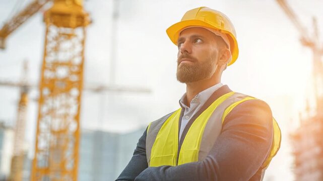 Construction Vision: A focused construction worker stands tall, observing the site with determined gaze. Dressed in safety gear, against the backdrop of construction cranes.