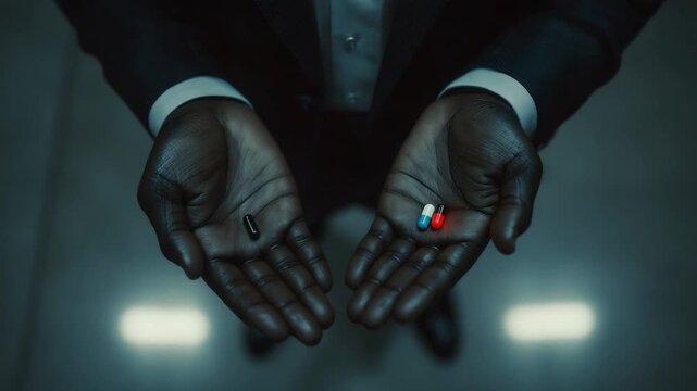 Choice: The Dichotomy of Decision: A close-up perspective of two hands, presenting a choice between a black pill and a collection of red and blue pills, symbolizing contrasting paths or outcomes.