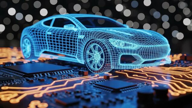 Futuristic wireframe car model floats above a glowing circuit board with bokeh lights background, concept for automotive technology, artificial intelligence and electric vehicle development