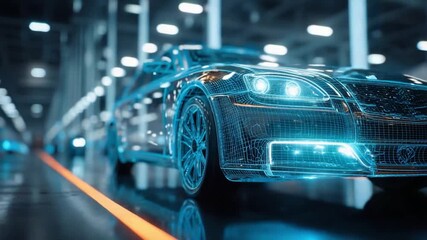 Modern automotive design: A car in a futuristic style, with a digital wireframe appearance, is depicted in a futuristic automotive factory setting. - Powered by Adobe