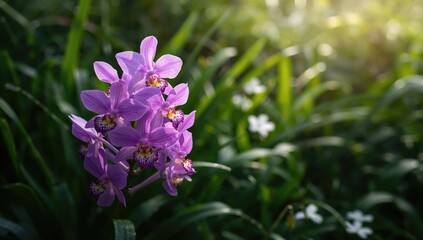 Obraz premium The purple Rhynchostylis gigantea orchid bloom in the garden setting, emphasizing seasonal change