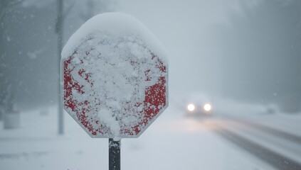 Snow-covered stop sign, hazardous driving conditions in blizzard