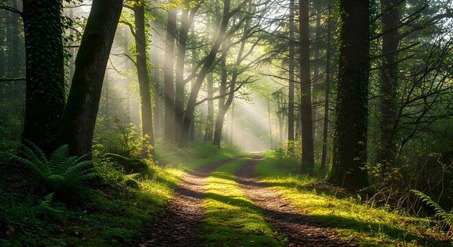 A path through a dense forest with sunlight streaming through the trees creating a hazy atmosphere
