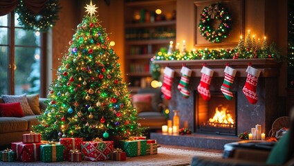 Cozy Christmas Living Room with Tree, Gifts and Fireplace 
