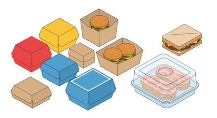 Quick takeout lunch options with burgers, sandwiches, and vibrant packaging for restaurants, food delivery, and convenient meal solutions