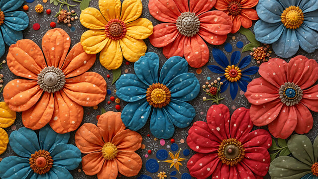 Handmade quilt designs. Vibrant fabric patterns. Ultra realistic textile art. Unique quilting techniques.