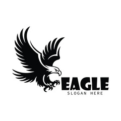 powerful black eagle mascot logo for sport and corporate , dynamic raptor bird emblem vector with spreading wings , classic flying eagle corporate or business brand identity 