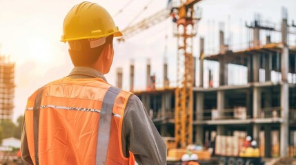 A construction worker in safety gear gazes toward a developing building and crane at golden hour