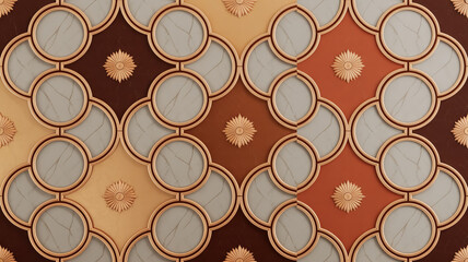 Seamless Moroccan geometric tile pattern, repeating quatrefoil shapes, metallic copper lines, terracotta and cream marble, luxurious exotic symmetry, perfect for wallpaper, fabric, decorative surface.