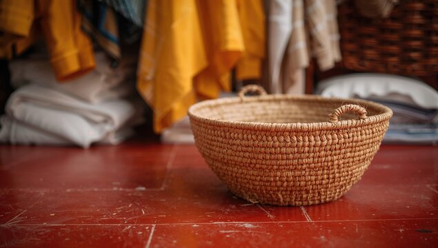 Straw baskets held by hand on a red floor, ideal for organizing laundry and household chores