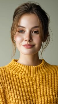 A young woman wearing a cozy yellow sweater, showcasing a serene expression and natural beauty in a soft, neutral background.