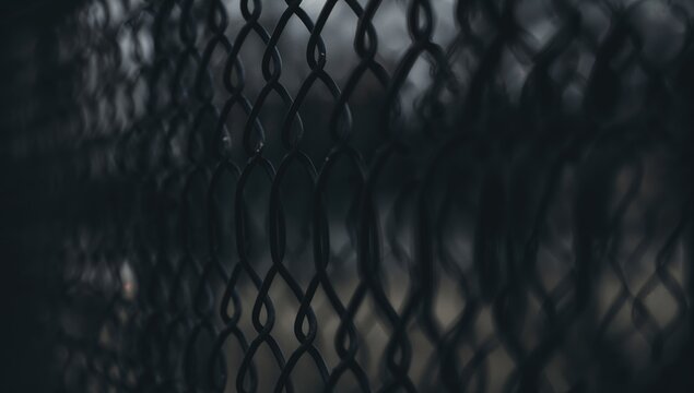 Close-up of a metal mesh fence with a blurred background, showcasing intricate wire patterns, focus on structural depth