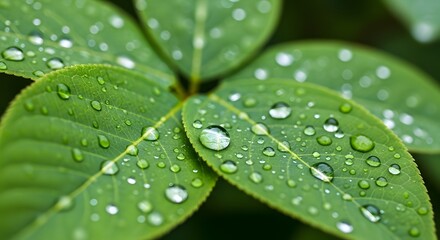 A close up of green leaves covered in water droplets showing nature and freshness in great detail