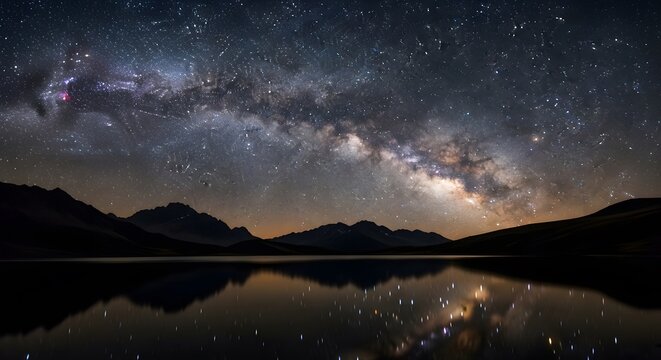 A starry night sky over a lake with mountain silhouettes and milky way reflections in the water - Powered by Adobe