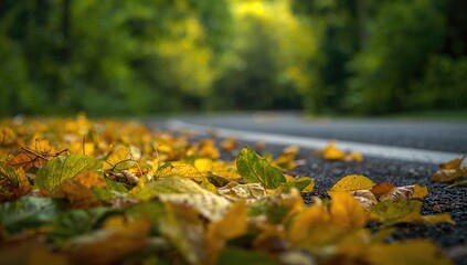 Yellow-green leaves scattered along a summer road, seasonal change