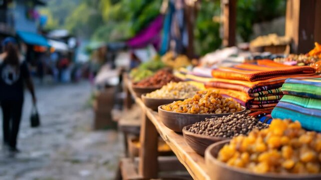 Market stall display of dried food and textile goods