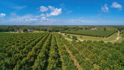 Aerial view of lush green fields with vibrant orange orchards under bright sunlight, agricultural benefits