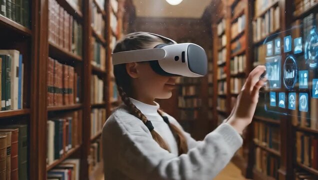 Little girl using VR glasses in a library with digital interface, concept for innovative learning, interactive education and future technology demonstration - Powered by Adobe