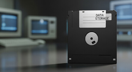 Retro 3.5-inch Floppy Disk and Vintage Computer Monitors