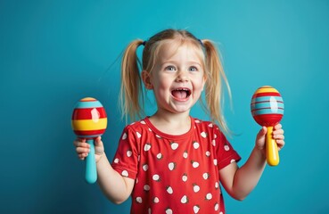 Little girl with blonde pigtails happily plays colorful maracas. She wears a red strawberry-print shirt and smiles widely against a blue background. The child enjoys making music.