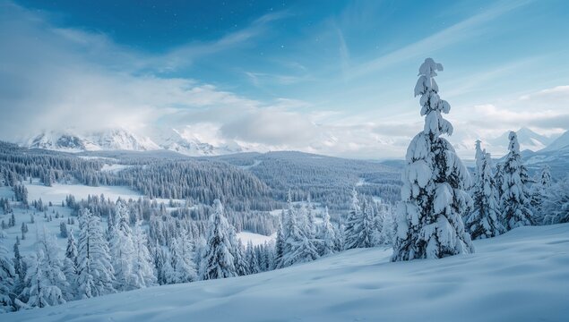 Snow-covered mountains under a clear sky, winter landscape with a focus on seasonal change - Powered by Adobe