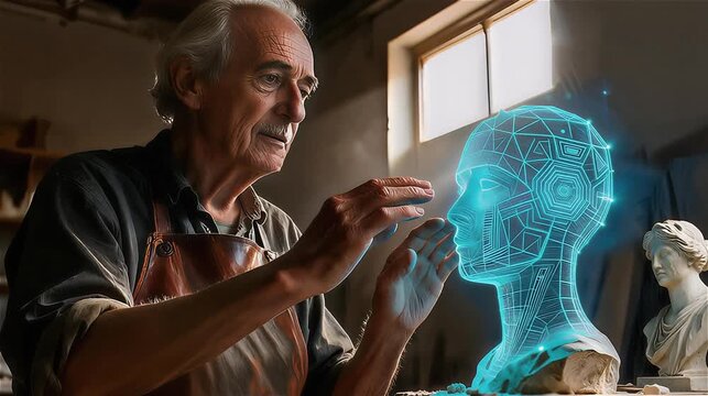 Anciano en un taller  tocando un holograma de IA complejo y flotante