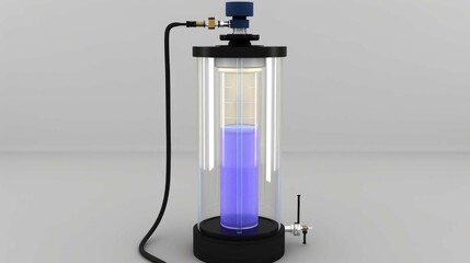 A cylindrical glass vessel containing blue liquid, connected with tubes and a top mechanism