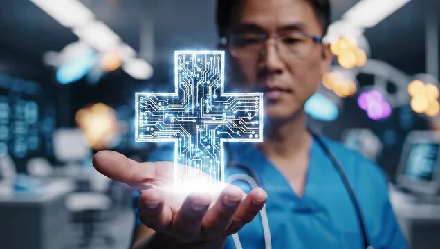 Asian doctor holding digital cross symbol with blue circuit design in his hand, concept for medical technology solutions, healthcare innovation and telemedicine advancement - Powered by Adobe