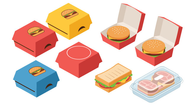 Isometric fast food feast featuring burgers, sandwiches, and treats for vibrant packaging and menu designs that evoke appetite and convenience