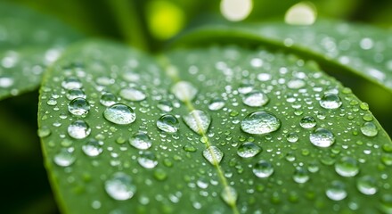 Close up of a green leaf covered in water droplets glistening in the light after a rain shower