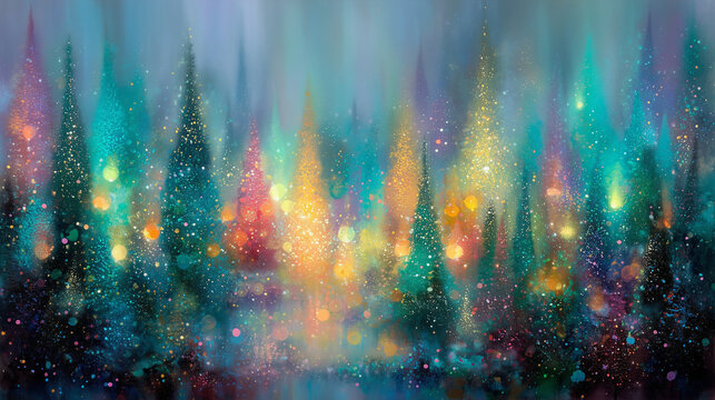 abstract painting of Christmas trees with lights, a fantasy fairy tale forest with colorful lights