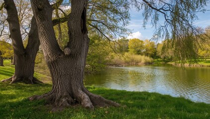Fototapeta premium Thickly grown trees of varying sizes on a lush green lawn beside a pond with green water, seasonal change