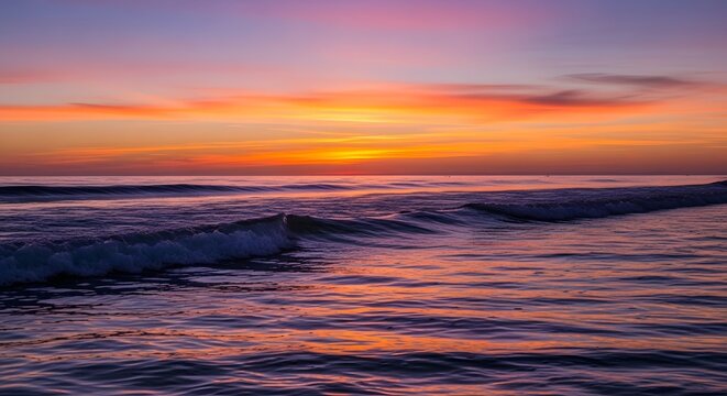 Ocean waves rolling under a vibrant and colorful sunset sky with orange and purple hues reflecting