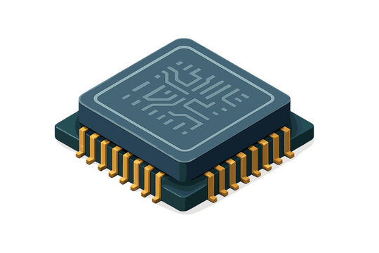 Detailed isometric representation of a modern square microchip featuring golden connection pins