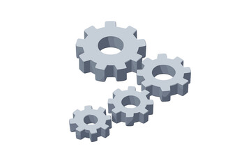 Four metallic gray cogwheels meshing together in isometric perspective on white background