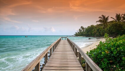 Obraz premium Wooden footbridge surrounded by vibrant greenery on a tropical island, highlighting accessibility