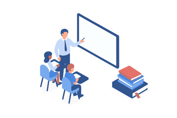 Male teacher presenting lesson on blank screen to students seated at desks in a classroom