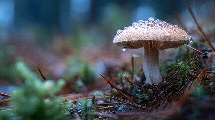 Fototapeta premium Delicate Mushroom with Water Droplets on Cap Surrounded by Forest Floor Debris and Pine Needles in a Misty Woodland Setting