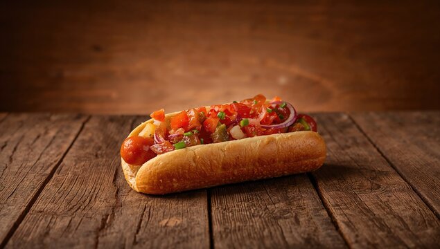 Hot dog served on a rustic backdrop, ideal for casual dining settings - Powered by Adobe