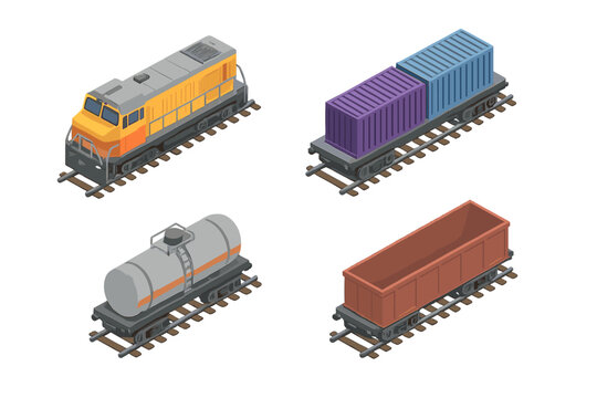 Isometric set of freight train vehicles: locomotive, tank car, container flatcar, and hopper car