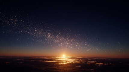 Naklejka premium In this serene scene, the sun sets gently over the vast ocean, casting warm reflections on the water's surface. The sunset creates a captivating moment where the ocean meets the sk