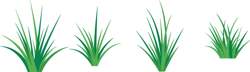 Grass clump illustration set, stylized botanical vector, green blades with shading, nature clipart, landscape design elements, isolated on white