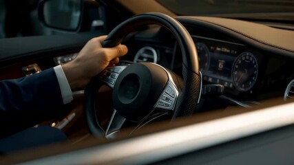 Businessman hand in suit gripping luxury car steering wheel with modern dashboard interior view - Powered by Adobe