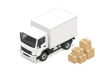 White commercial delivery box truck and stack of brown cardboard shipping packages in isometric view