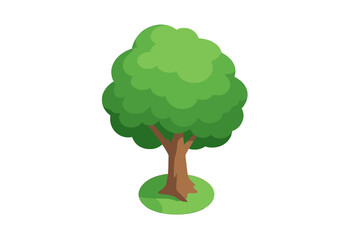 Stylized green deciduous tree with lush foliage and brown trunk standing on a small patch of grass