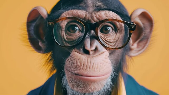 Funny talking chimpanzee professor wearing glasses